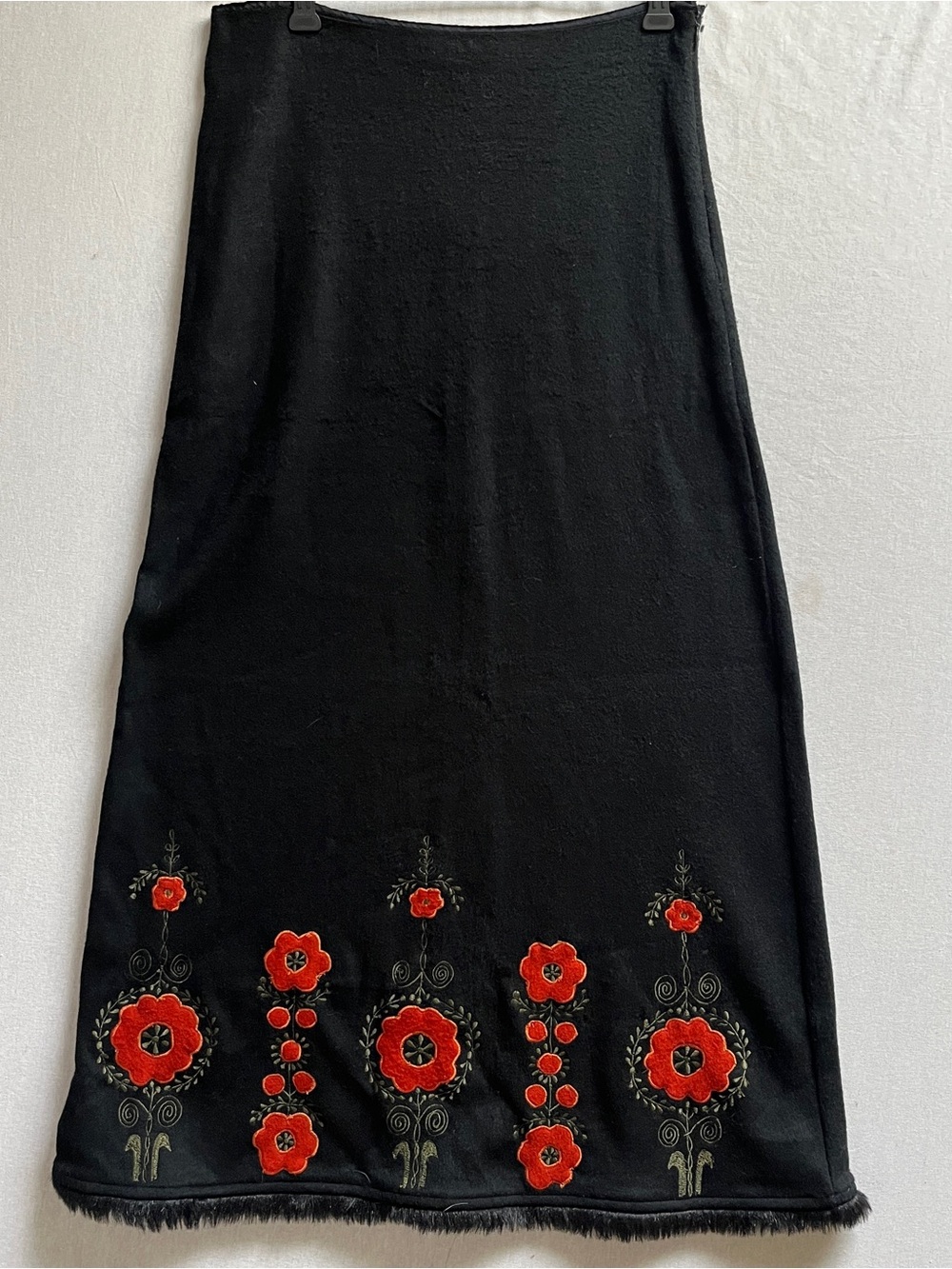 Vintage Rene Derhy Black Maxi Skirt with Red Floral Embroidery Sz M
